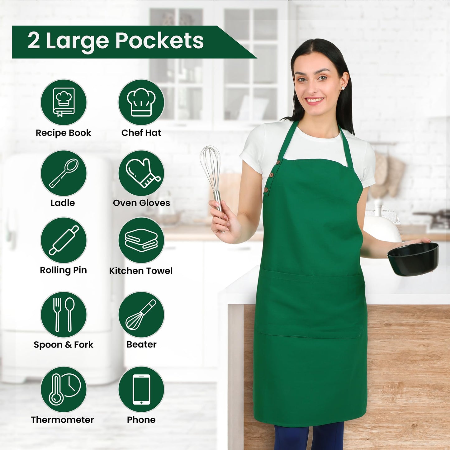 Natural Craft 2 pack Cotton Kitchen Apron, White, 33 Inches Long, 2 Pockets, Adjustable, Machine Washable