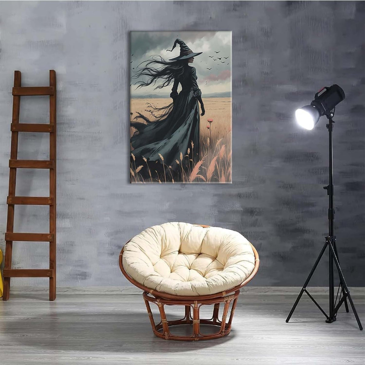 JFHCQJPK Gothic Decor Canvas Wall Art Witch in Rice Field Halloween Art Decor Print Nature Print Victorian Home Bedroom12x16in Frameless