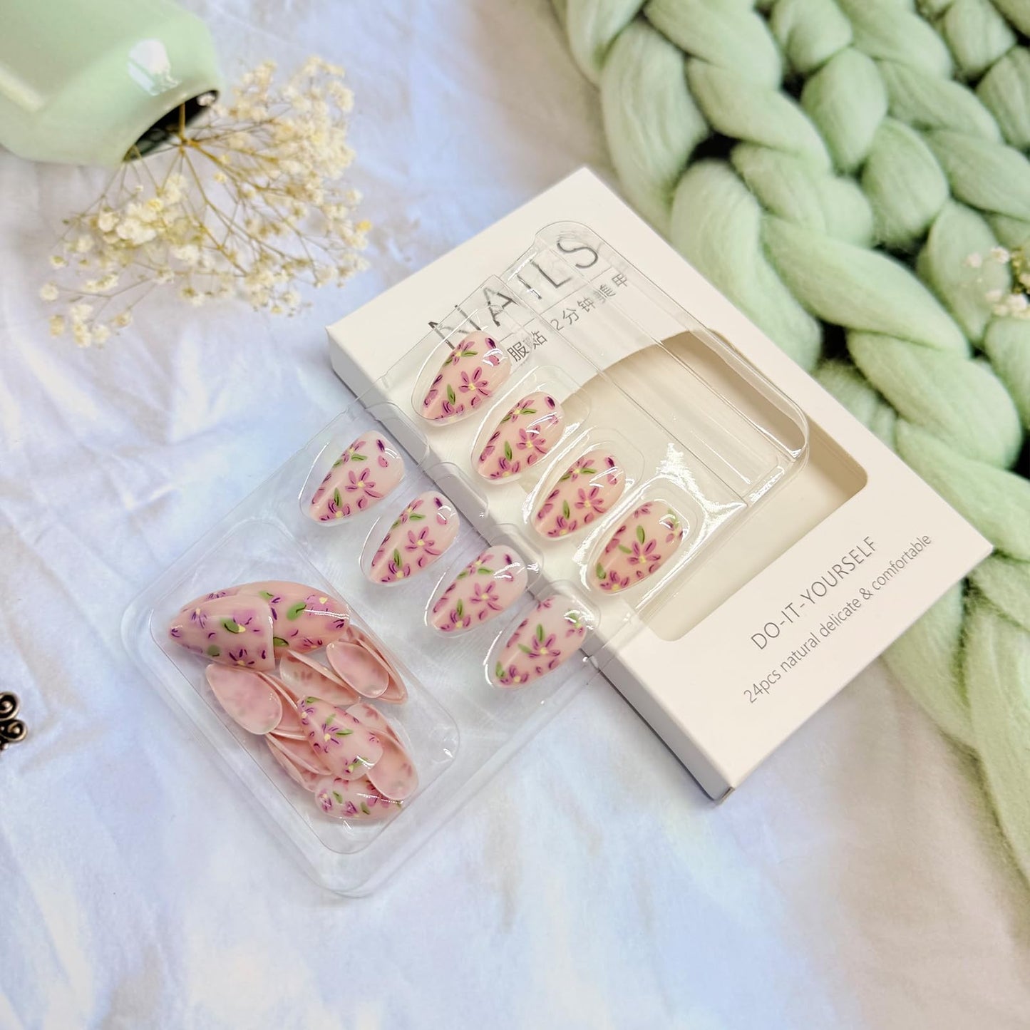 Spring Press on Nails Almond Medium Fake Nails with Designs Purple Flower Stick on Nail Glitter Acrylic False Nail Cute Artificial Nail Press ons Glossy Full Cover Glue on Nails for Women 30Pcs