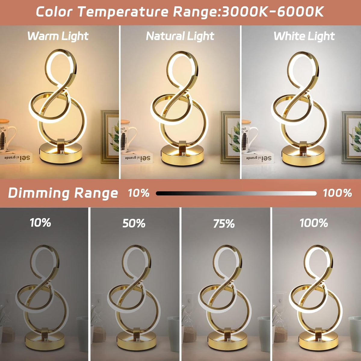Modern Table Lamp, LED Bedside lamp with USB C+A ports, Touch Stepless Dimmable Nightstand lamp, Unique Spiral Table lamp for Bedroom Living Room Home Office, Spiral lamp for Ideal Gift, Gold