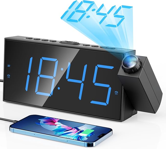 Mesqool Digital Projection Alarm Clock with Dual Alarms, 5 Levels Dimmer | 180° Rotatable Projector,12/24H & DST, Large LED, Snooze, with Battery Backup, Loud Alarm Perfect for Heavy Sleepers