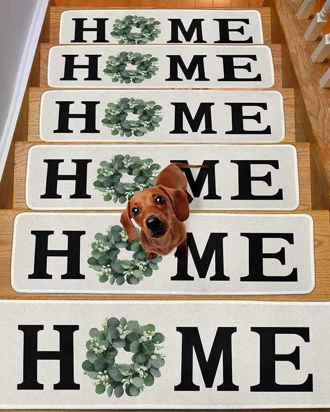 Carpet Stair Treads for Wooden Steps 15 Pack, Home Green Eucalyptus Leaves Garland Soft Peel and Stick Stair Treads, Retro Linen Non Slip Carpet Mat for Kids Elder Pet