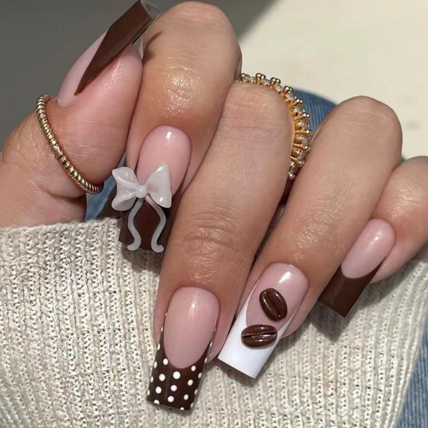 IMRAIN Square Press on Nails Long Fake Nails Brown French Tip False Nails with Polka Dot, Bow, Coffee Bean Design Reusable Artificial Handmade Stick on Nails for Women Manicure