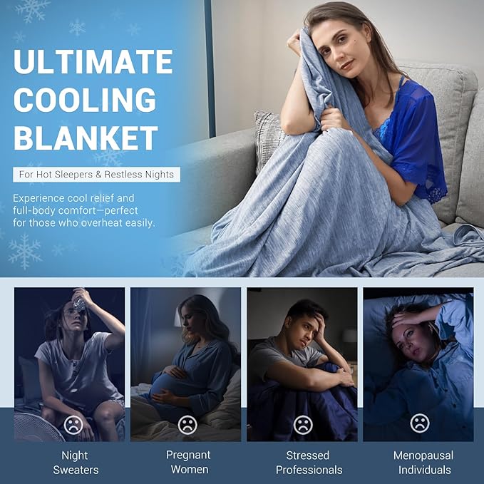 Elegear Revolutionary Cooling Blanket Throw Absorbs Heat to Keep Body Cool for Night Sweats, Arc-Chill 3.0 Cool Fiber Q-Max>0.5 for Hot Sleepers, Lightweight Summer Cold Blankets for Sleeping, Blue