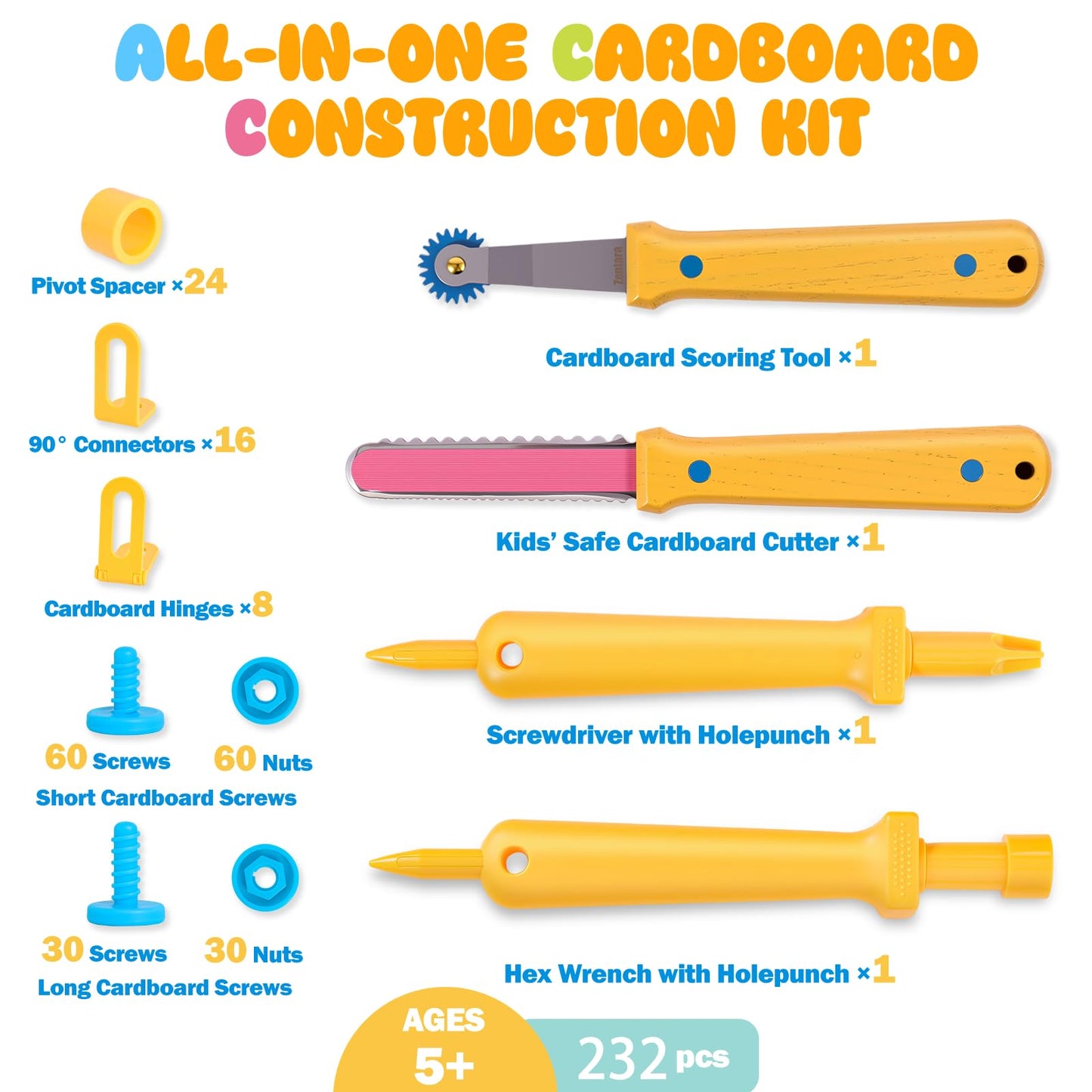 Zentara Kids Cardboard Tool Set, 232-Piece STEM Building Kit with Safe Wooden Cutter, Reusable Bolts & Nuts, Hinges, and Eco Gift Box