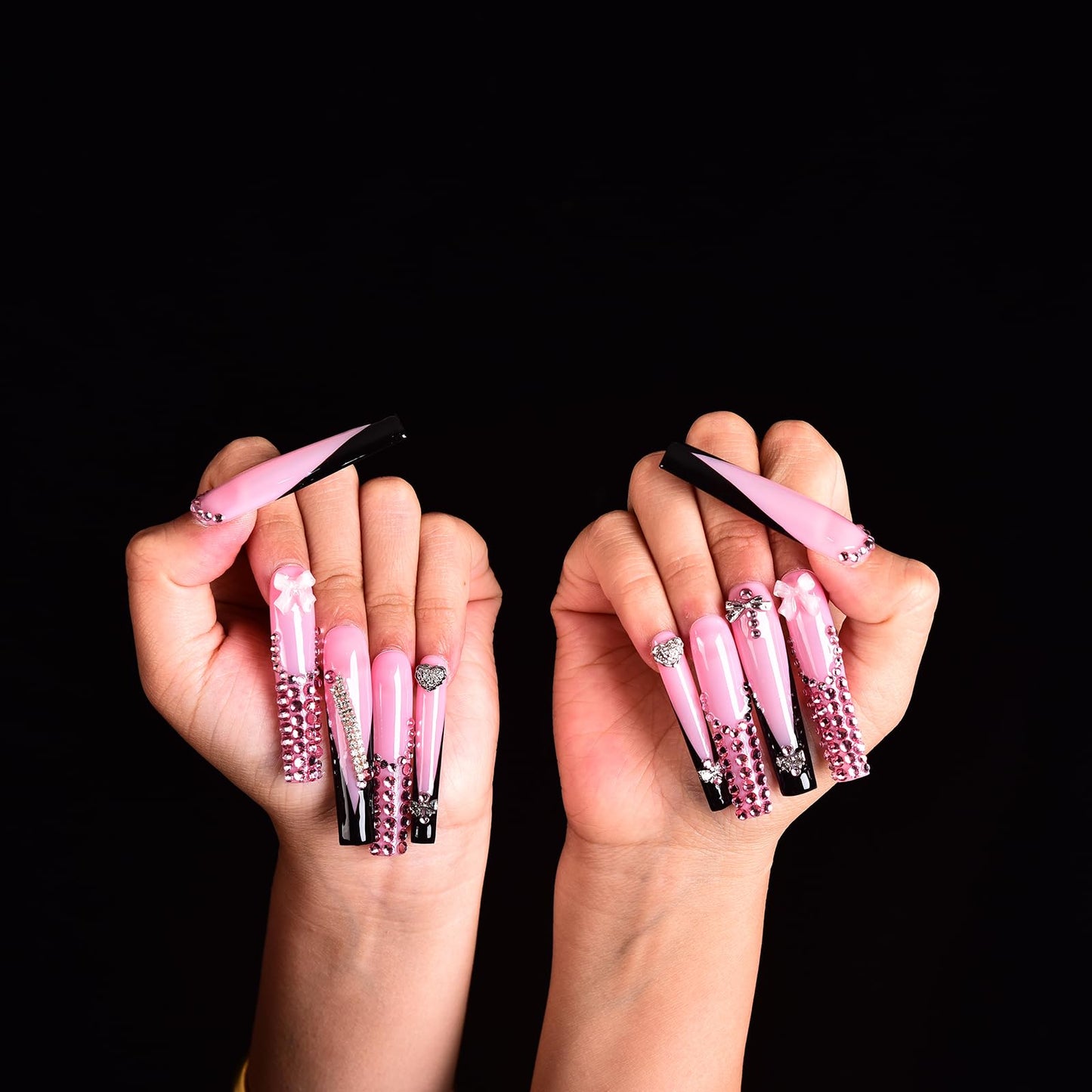 Tmani 10pc/set Extra Long Handmade Press On Nail Hot Girl's Long Ballet Nails Square Nail Full of Diamond Glitter Decoration Fake Nails Suitable For Girls Festival Parties and Birthday Gift (298,L)
