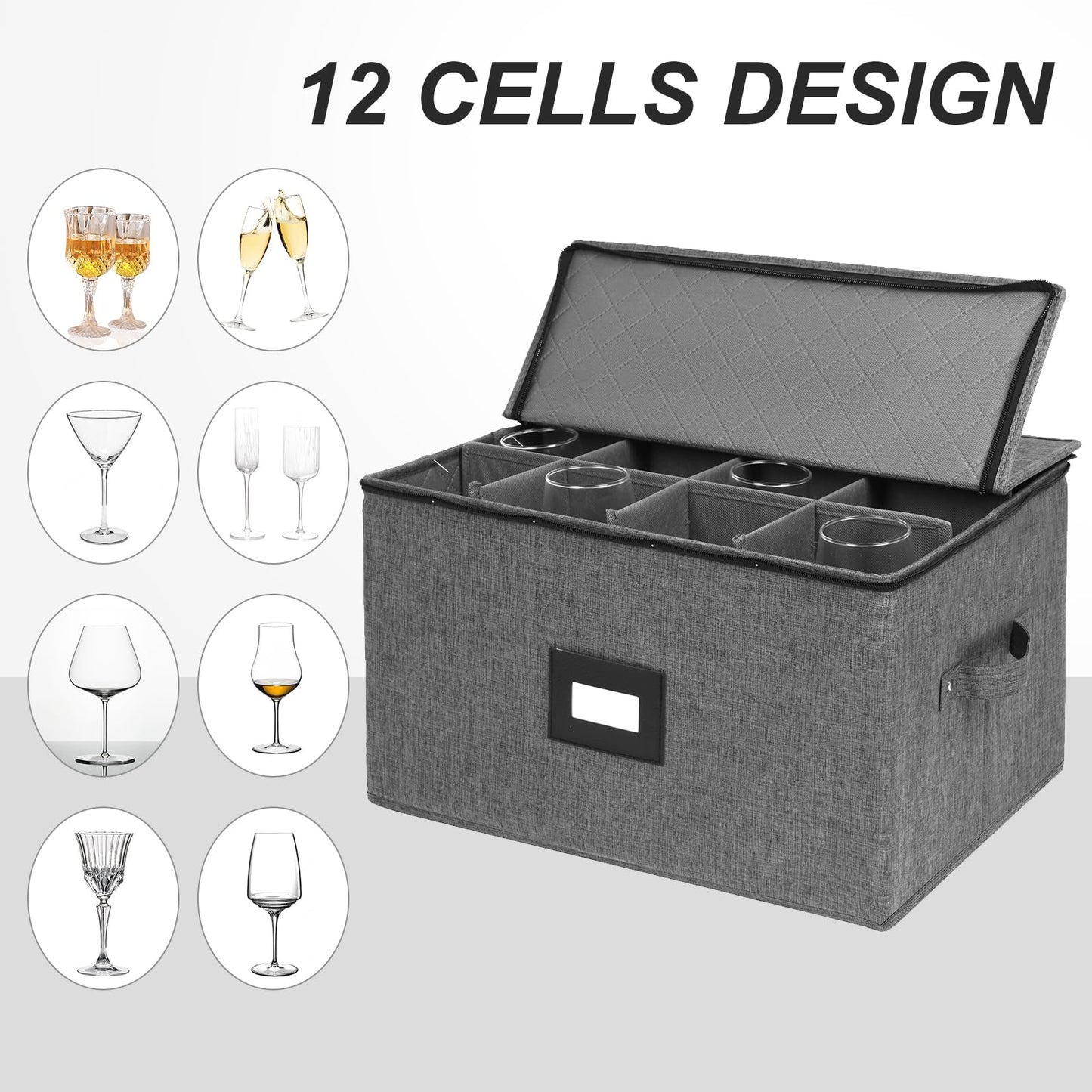 Mayniu Stemware Storage Containers, Wine Glass Storage Box with Adjustable Dividers – Hard Shell Top, Stackable for Glasses, Crystal & Glassware – Ideal for Packing, Moving & Home Organizer (Black)