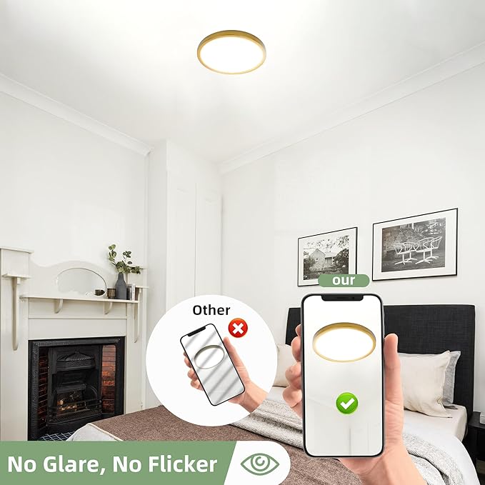 hykolity 12 Inch Selectable CCT LED Round Flat Panel Light, 24W 3000K/4000K/5000K, Edge-Lit Flush Mount Ceiling Light Fixture for Kitchen, Bedroom, Laundry and Closet Room，Gold