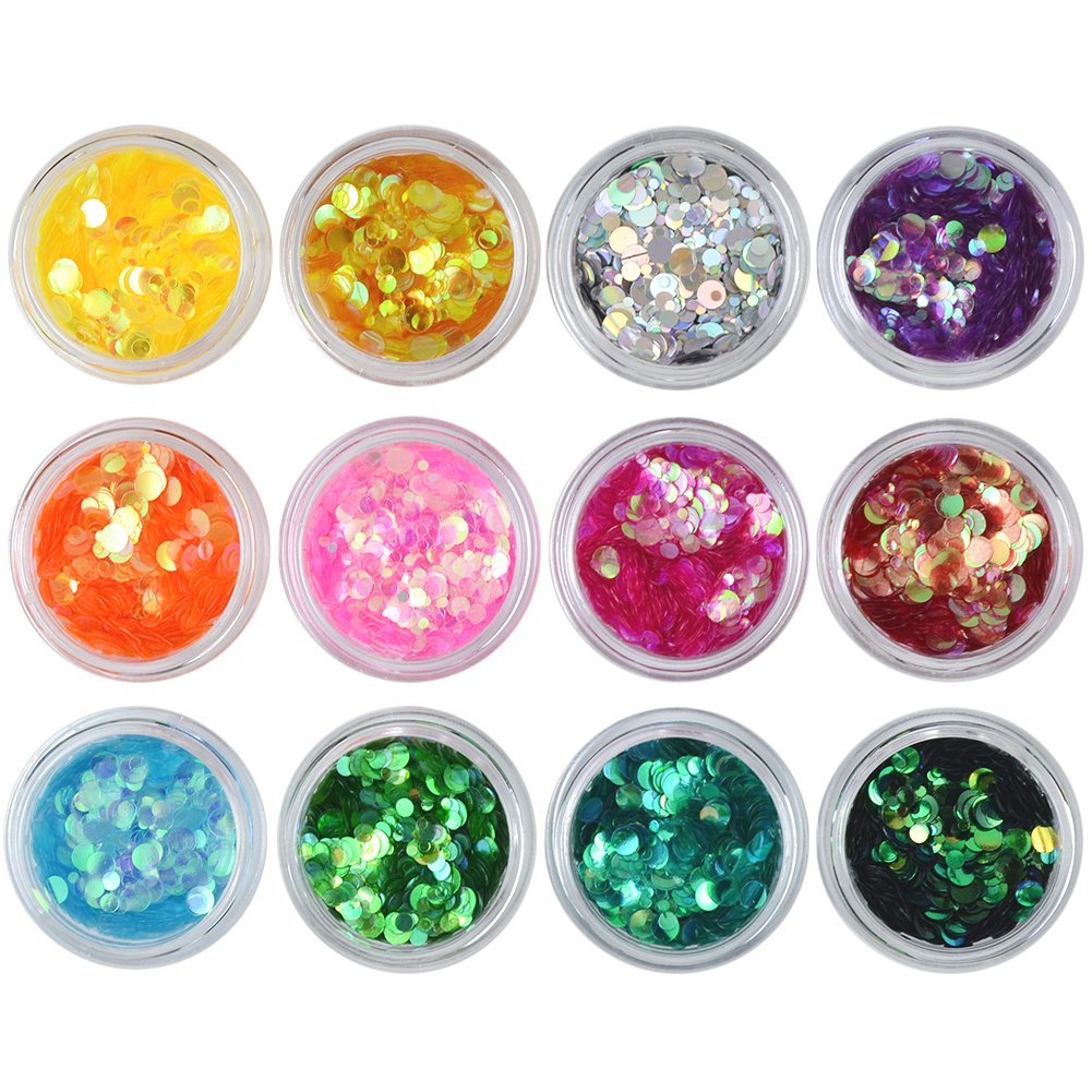 Yeslady Nail Glitters Mylar Slices Sequins Chunky Iridescent Flakes Round Mermaid Charms DIY Art Sticker Tips Decoration 24Boxes