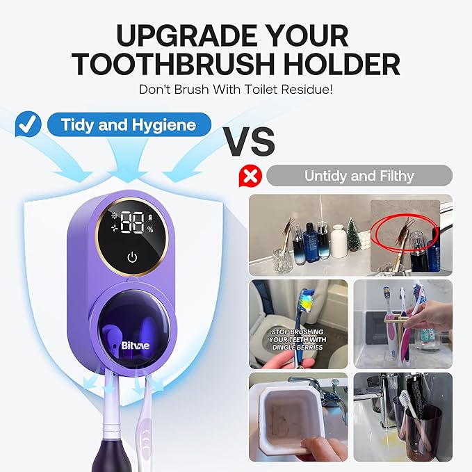 Bitvae Upgraded Tooth Brush Holder for Bathroom 2.0, Infrared Sensing Toothbrush Cleaner, Wall-Mounted for Any Size Toothbrushes, Air Drying, LED Smart Screen, Purple