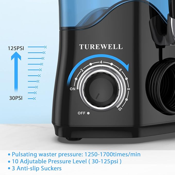 TUREWELL Water Dental Flosser for Teeth/Braces, Water Teeth Cleaner 8 Jet Tips and 10 Pressure Levels, 600ML Large Water Tank Oral Irrigator for Family(Black)