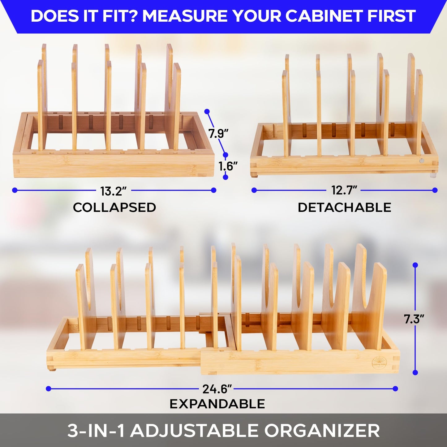 Pot and Pan Organizer for Under Cabinet – Bamboo Pot Lid Organizer for Cabinet with Magnetic Lock, Expandable 2-in-1, Adjustable Dividers, Non-Slip Base for Cutting Boards, Cookie Sheets, Bakeware