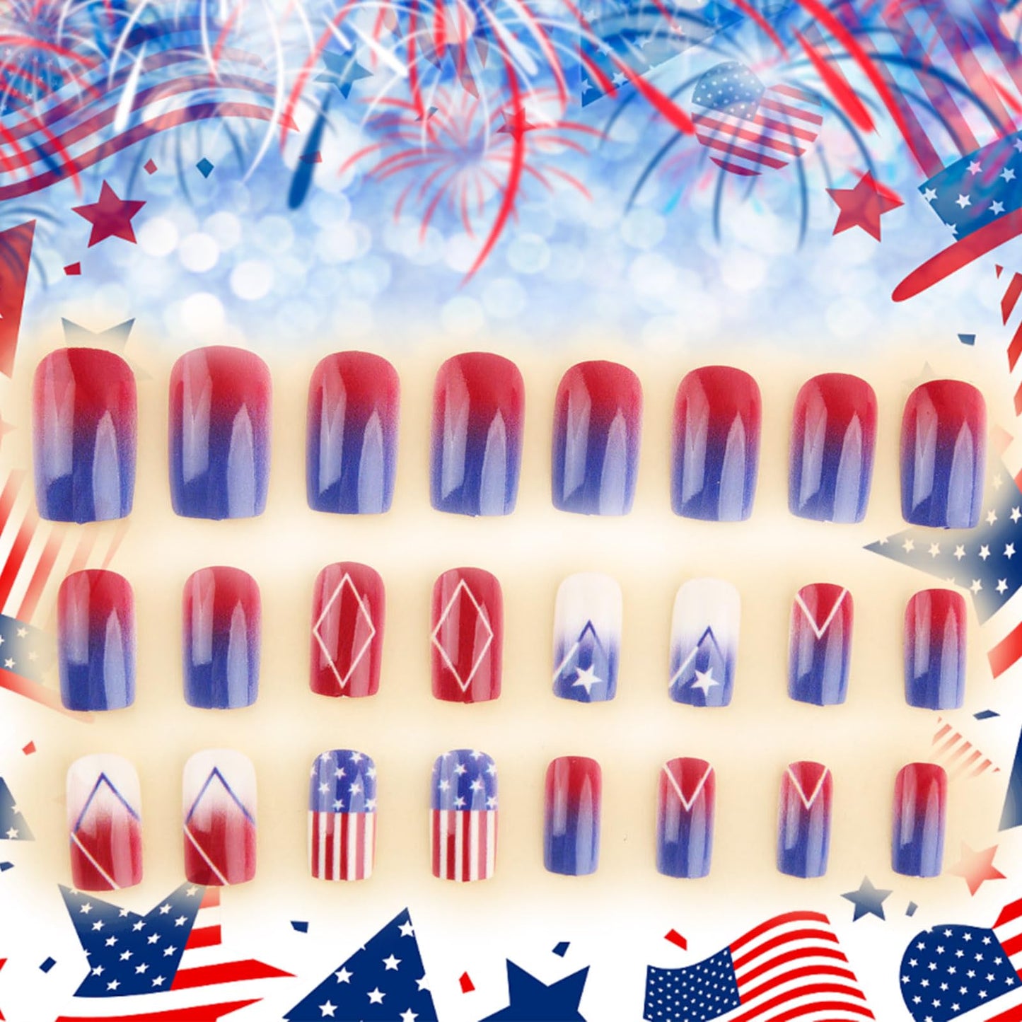 4th of July Press on Nails Glossy Blue Ombre Glue on Artificial Fingernails American Flag Fake Nails 24 Pcs Independence Day Acrylic False Nail HZJXRT Medium Square Stick on Nail for Women Gift
