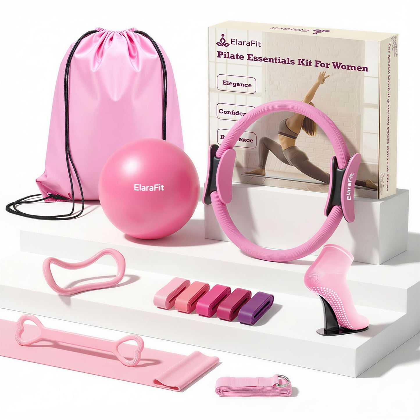 ElaraFit Home Pilates Ring and Ball Set for Women with 5 Resistance Bands 13 inch Magic Circle Workout Starter Kit for Beginners Full Body Toning 15 Min Daily Routine,Gradient Pink