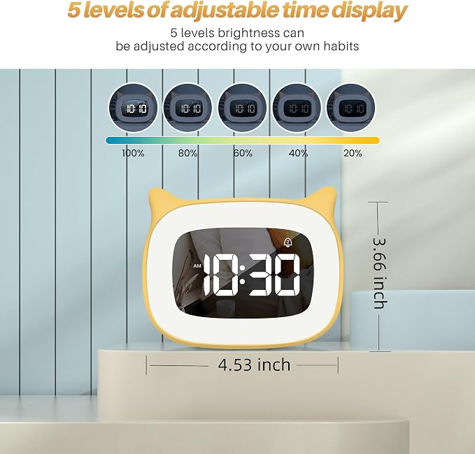 Cute Cat Ear Alarm Clock with Night Light for Bedroom,Yellow