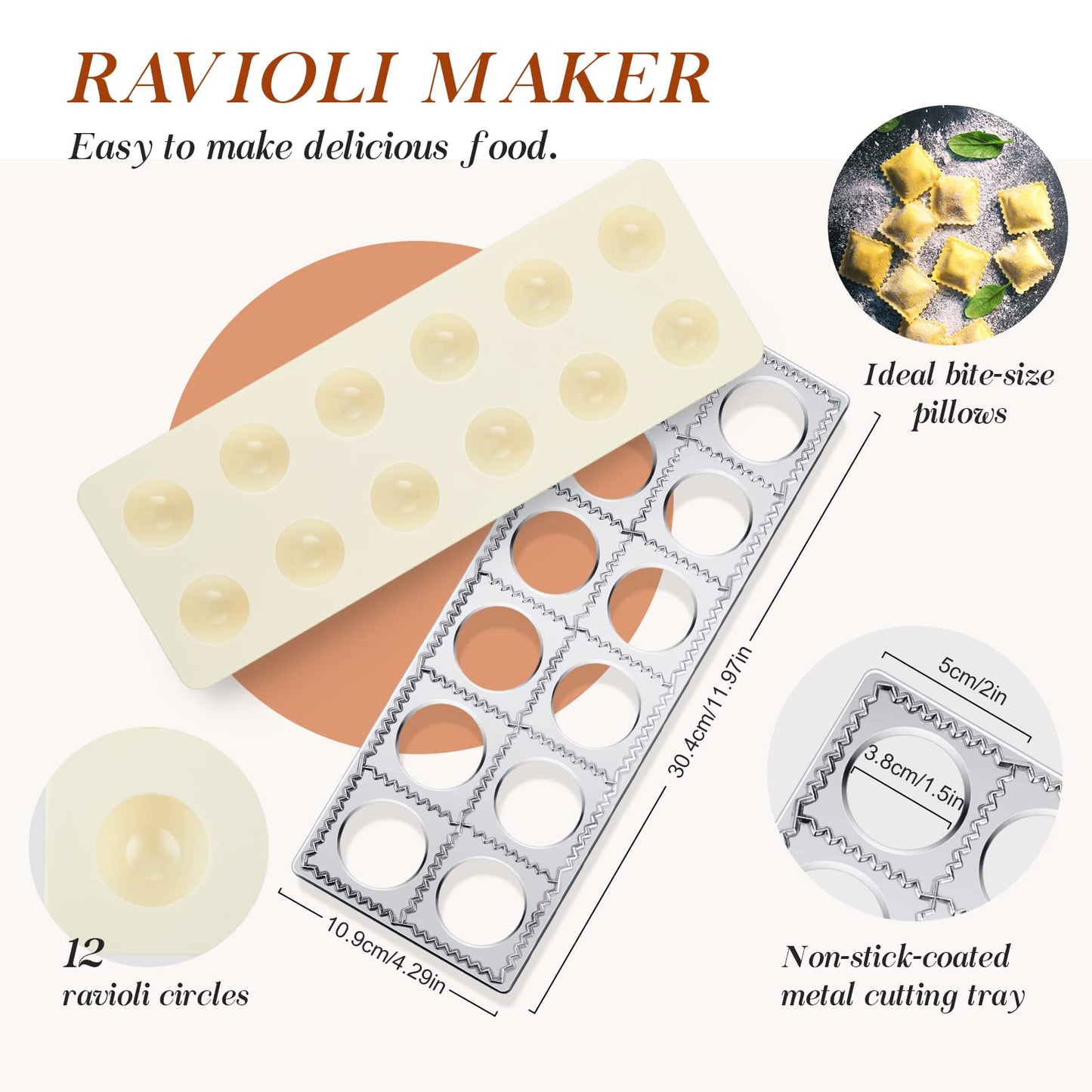 Geetery 5 Pcs Ravioli Mold Set 2 Inch Squares Ravioli Maker Cutter Include 1 Raviolis Maker Press 3 Pasta Cutter Stamp Makers 1 Wood Rolling Pin Pasta Making Tool for Home Kitchen Supplies (12 Holes)