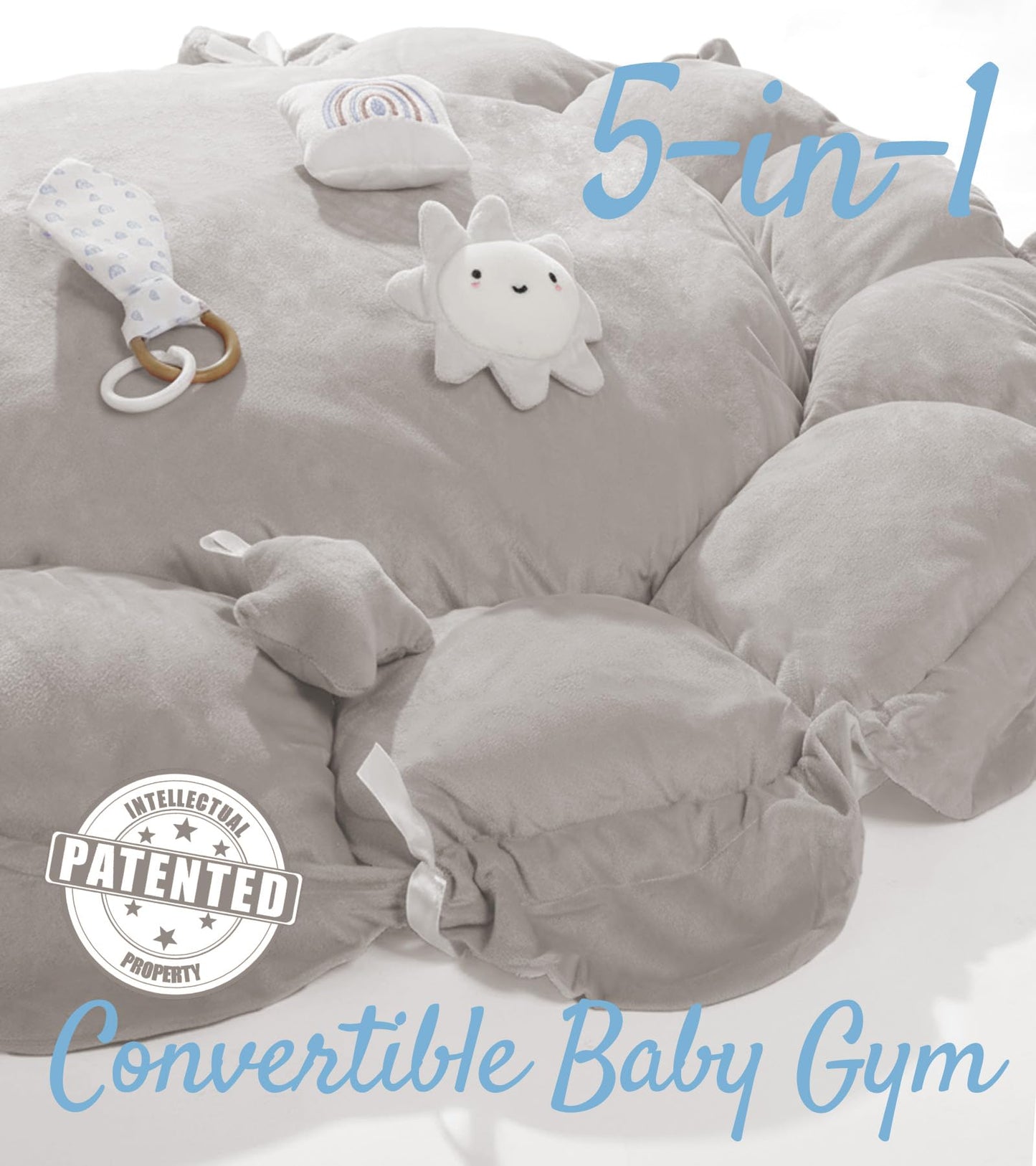 5-in-1 Thick & Plush Baby Play Gym, Baby Play Mats for Floor, Tummy Time Mat with 6 Toys, Convertible Stage-Based Developmental from Babies to Toddlers, Ball Pit, Grey