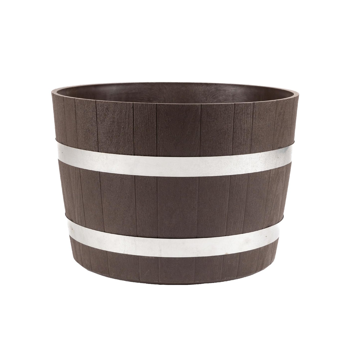 RTS Home Accents Better Barrel Heavy Duty 24” Planter with Rusting Steel Bands, Walnut Color