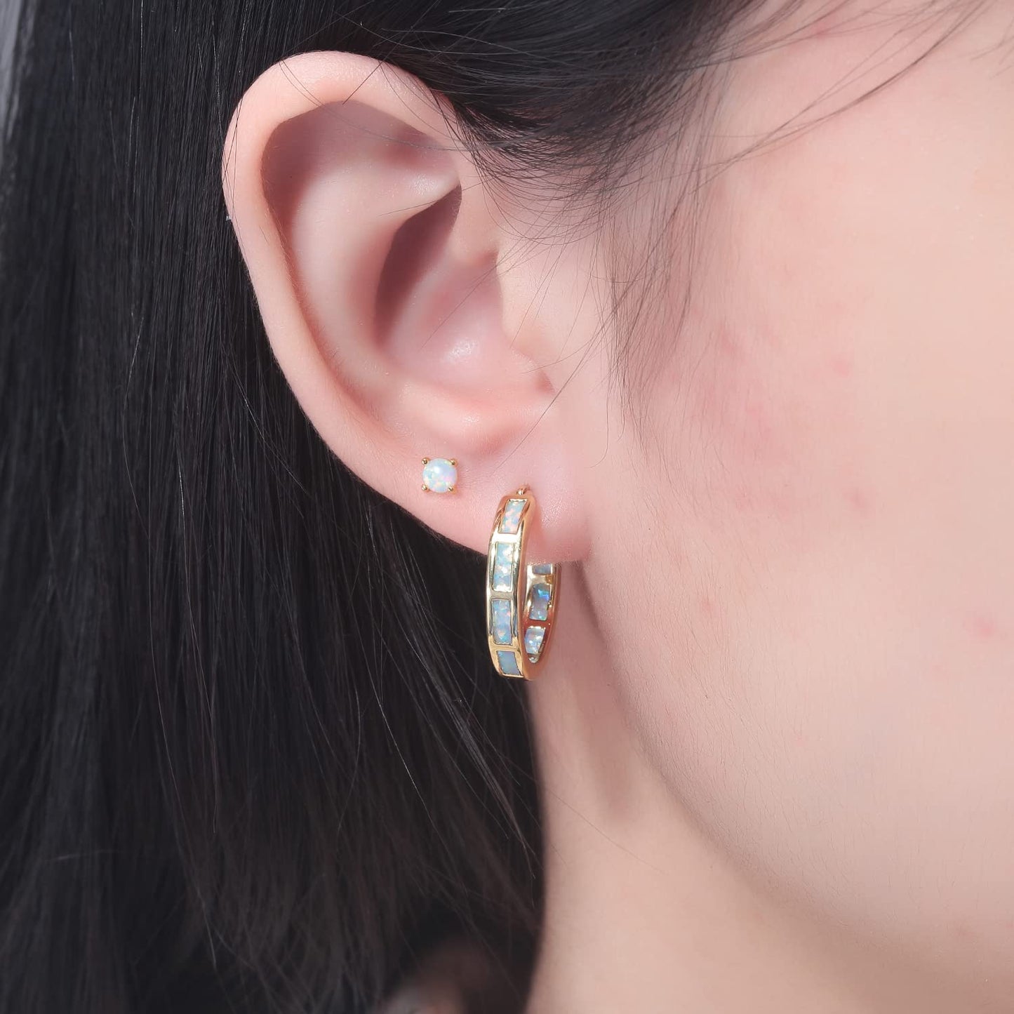 CiNily 2 Pairs Hoop Earring Set for Women Yellow Gold Plated Opal Small Hoop Earring Hypoallergenic Opal Stud Earrings