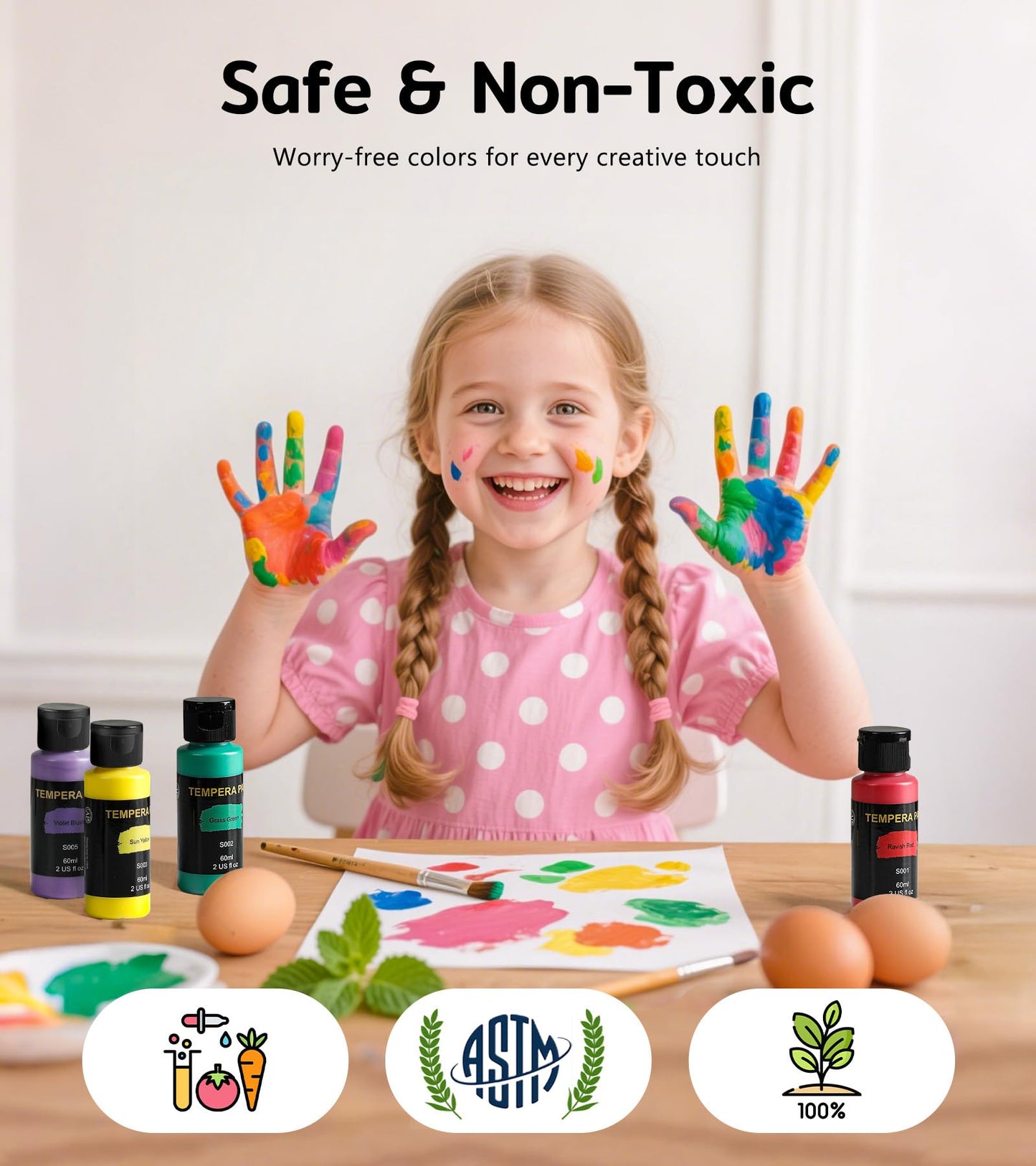 TMOL Washable Paint for Kids 42 Colors,Non-Toxic, Safe & Washable for Toddlers, Tempera Paint with Brushes, Palette & Bucket, School Project Art Supplies