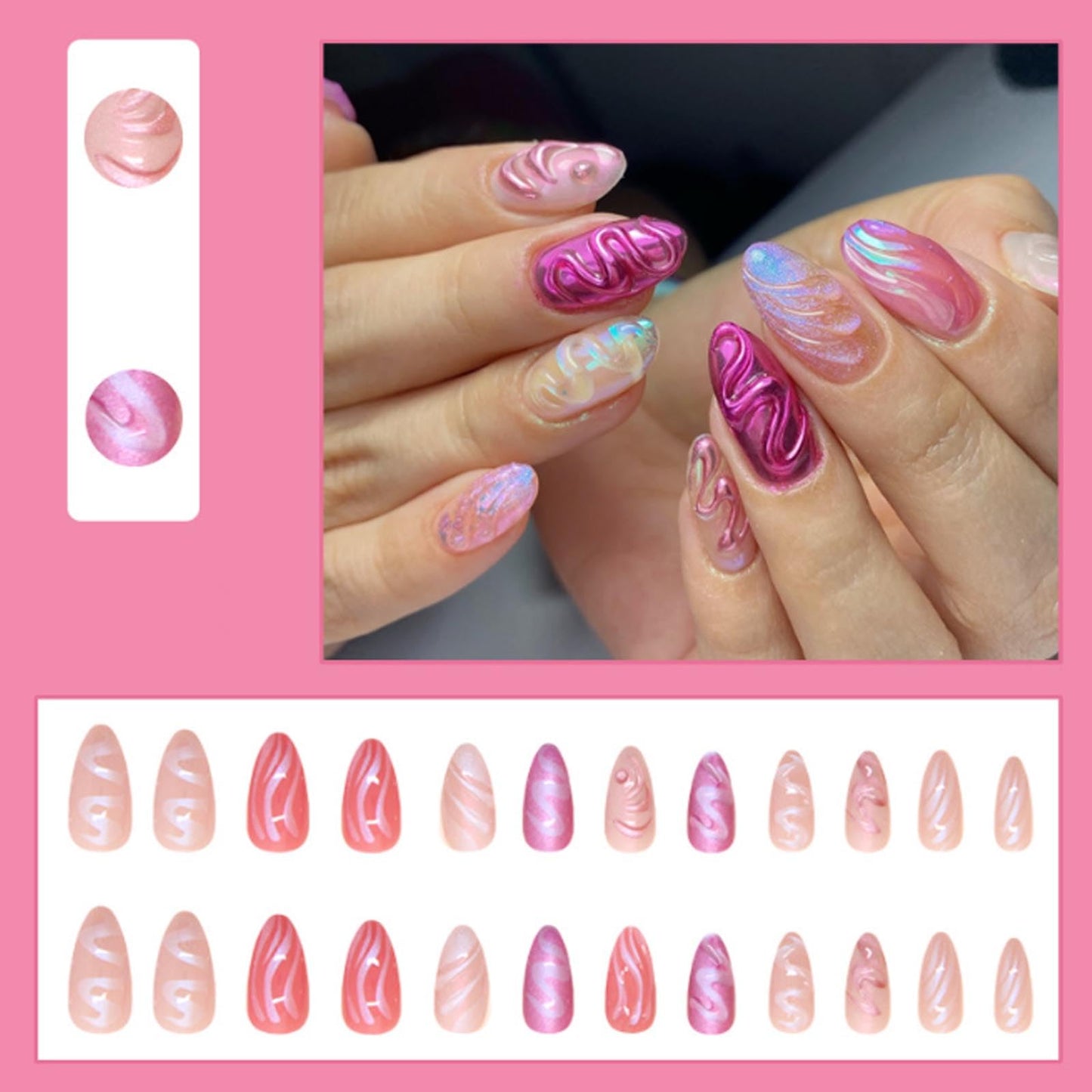 Hkanlre Almond Fake Nude Nails Tips Full Cover False Medium Nails Summer Flower Press on Nails for Women 24PCS