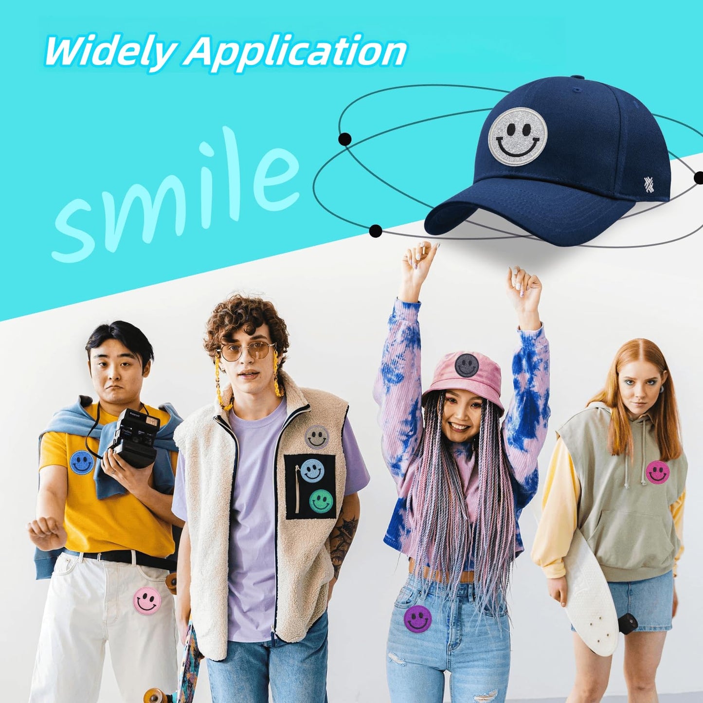 Zakrafo 45PCS Smiley Face Iron on Patches Sequin Round Chenille Cute Smile Iron on Patches for Diverse Range of Fabric Clothes DIY Projects