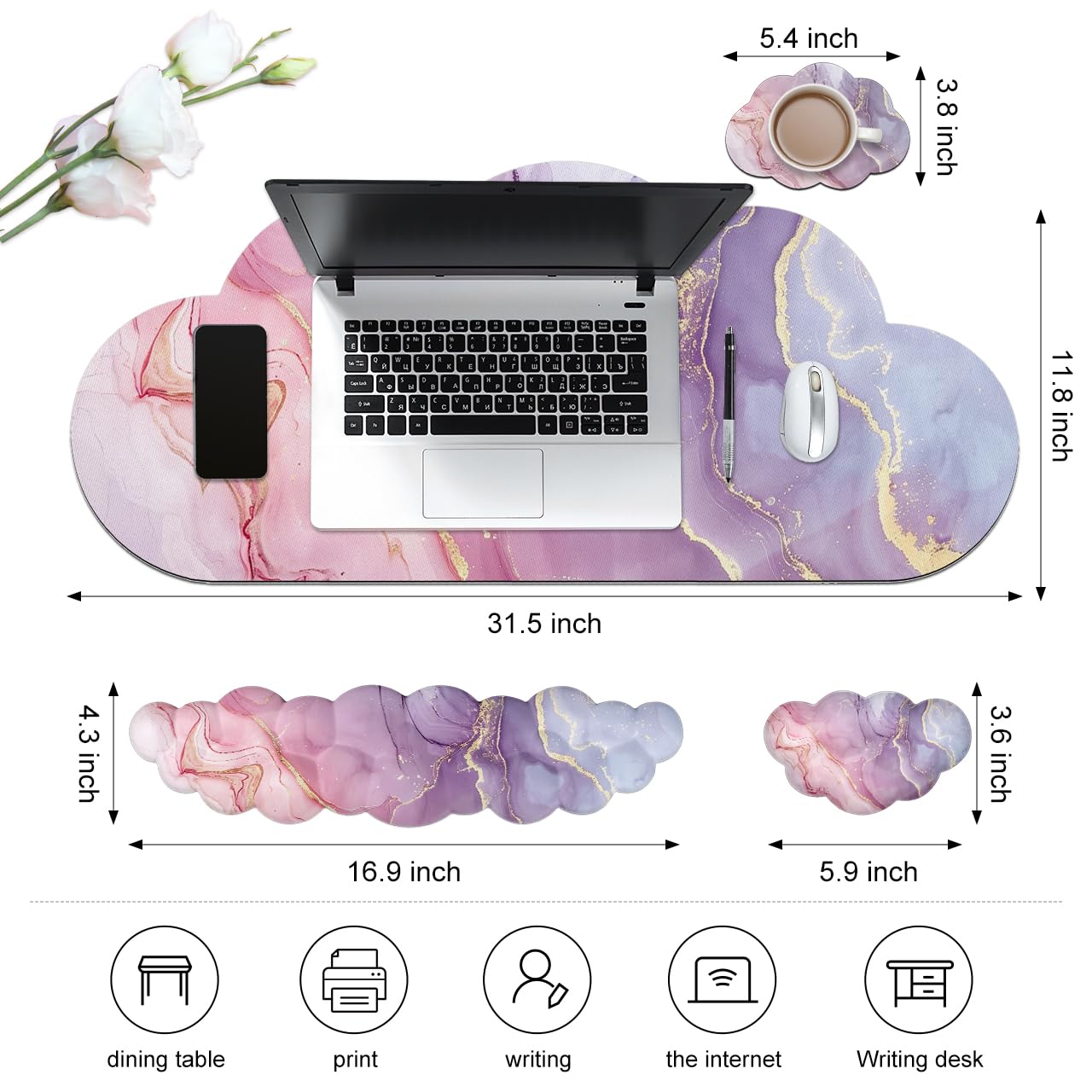 JIKIOU Large Cloud Mouse Pad Waterproof with Cloud Keyboard Wrist Pad and Cloud Mouse Wrist Pad Set, Ergonomic Computer Desk Wrist Support Mousepad for Keyboard and Mouse 35.4x15.7in Marble Pink