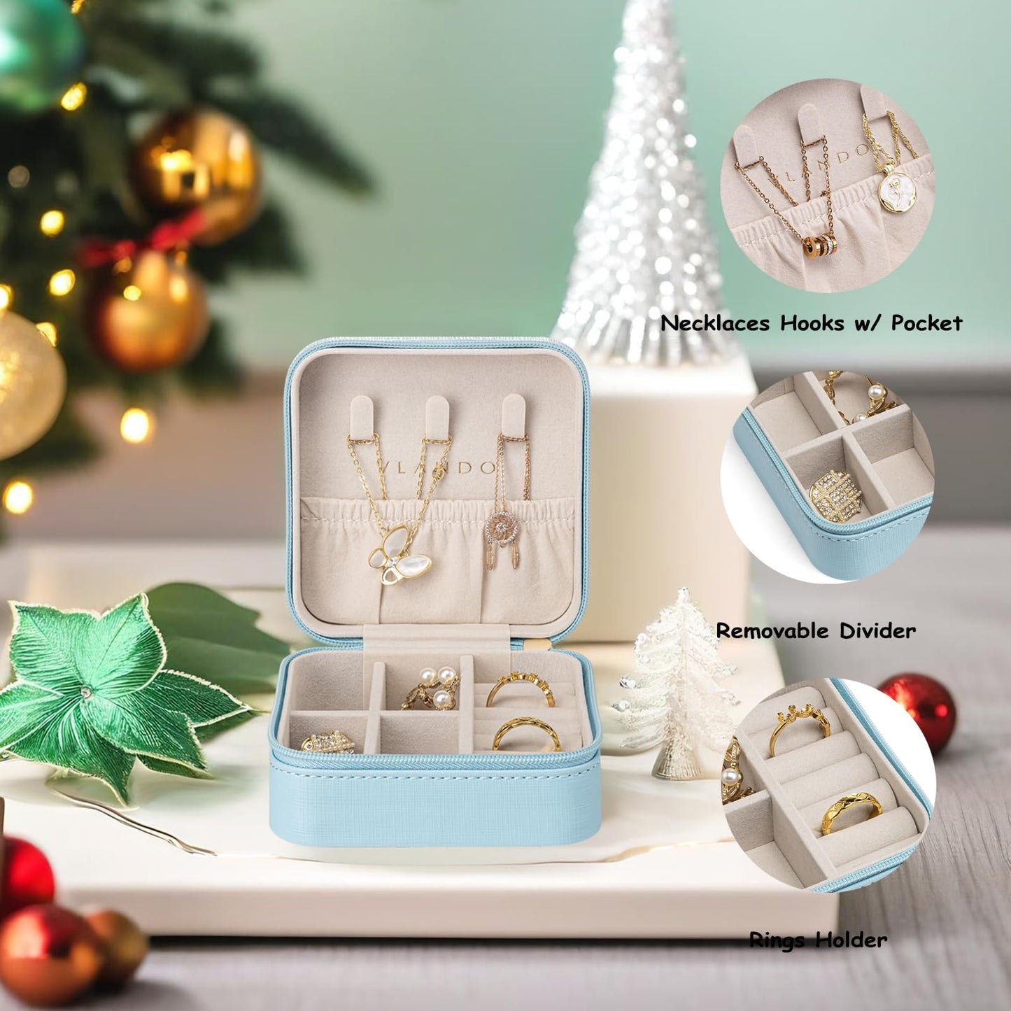 Vlando Small Travel Jewelry Box Organizer Display Case for Girls Women Gift Rings Earrings Necklaces Storage, Blue
