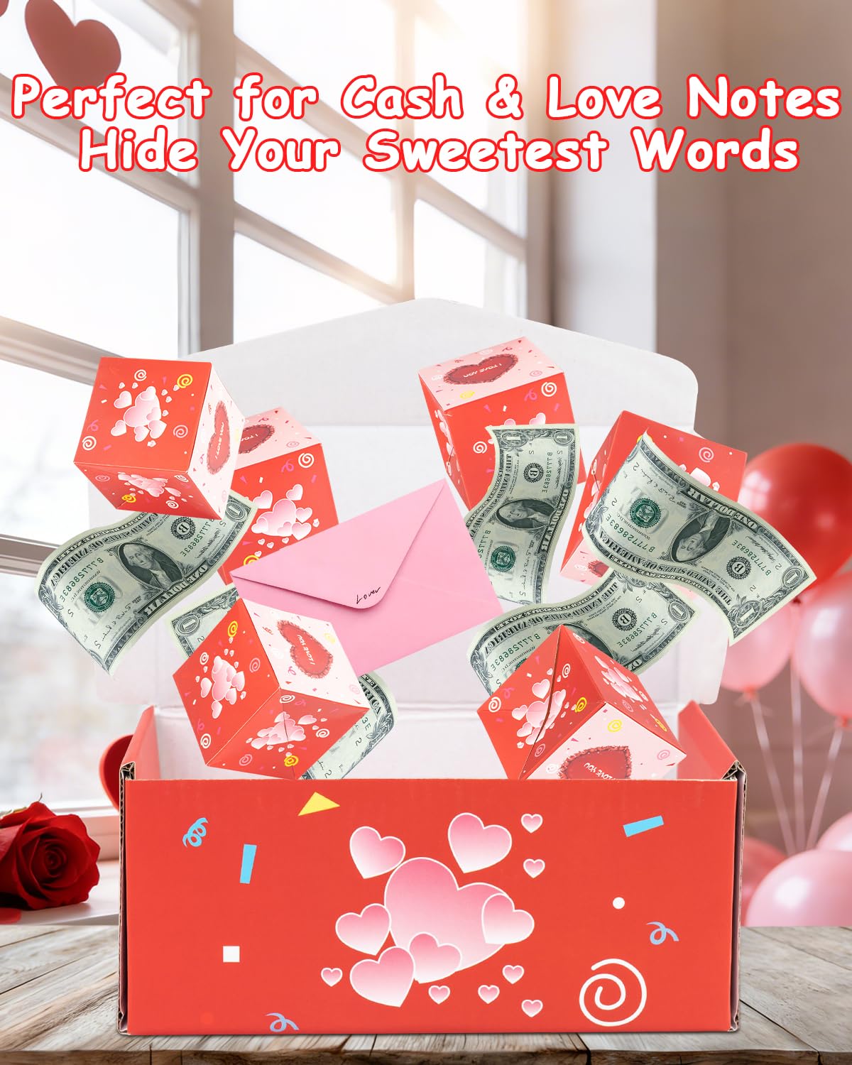 ASSRECT Exploding Gift Box -Valentine's Day, BirthdaySurprise Box Pop Up with 12 Money Holders, ReusableDate Gift Box for Valentine's Day, Cash, Gifts, Birthday, Party supplies (Pink)