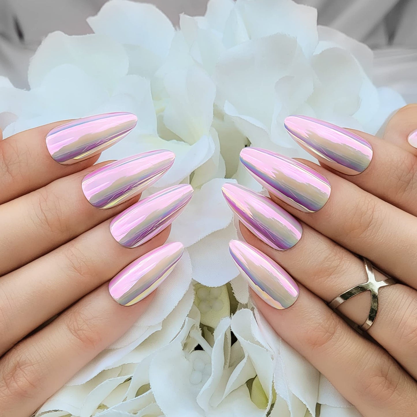 Hypnaughty Press On Nails - Party Star Coffin & Light Pink Almond Chrome, Trendy & Salon Quality Reusable Nails With Kit