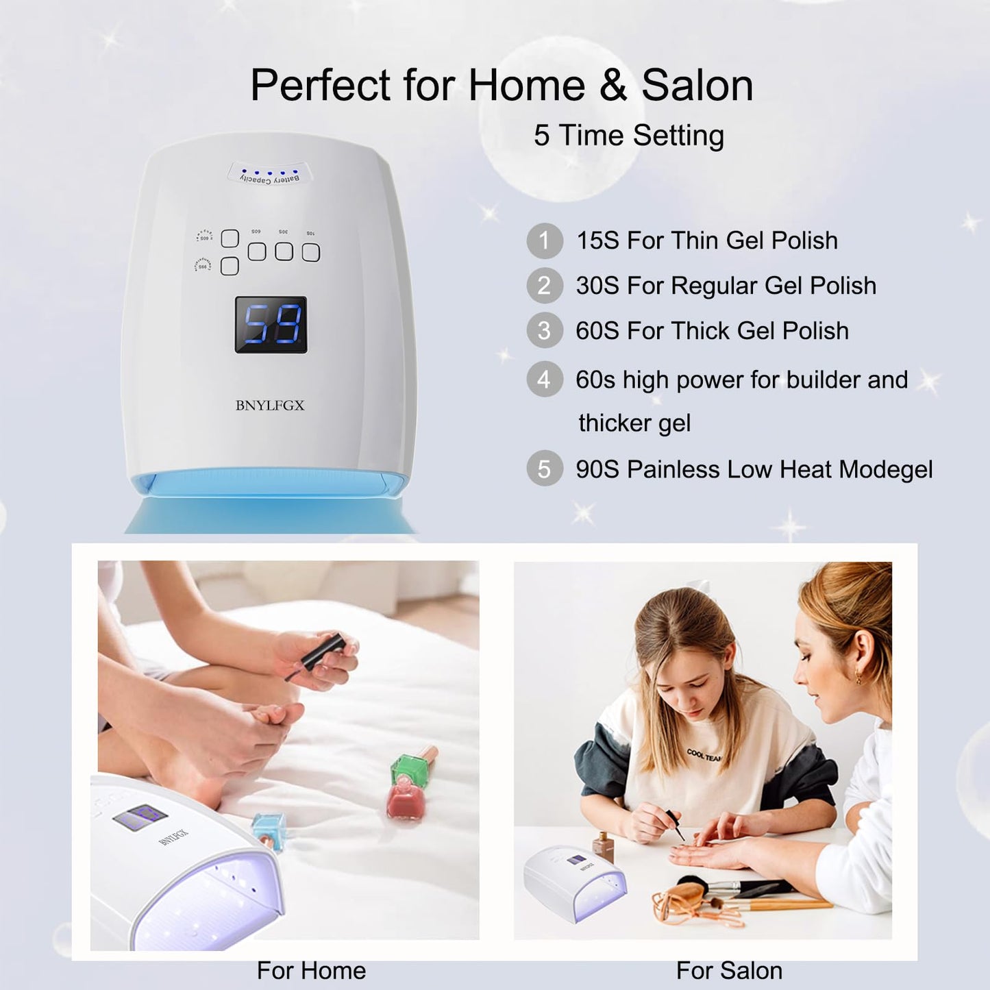 BNYLFGX UV Light for Nails, Cordless UV Nail Lamp for Gel Nails 66W, Rechargeable LED Nail Dryer with 5 Timer Setting Auto Sensor Fast Nail Light Curing Lamp for Salon & Home, White