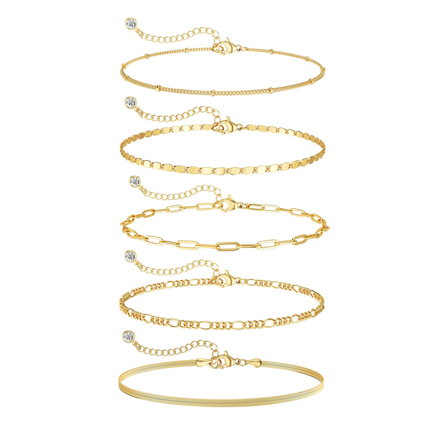 DEARMAY 14K Gold Plated Bracelets for Women Trendy Gold Jewelry Set for Women Cuban Link Chain Figaro Paperclip Rope Herringbone Bracelet Pack Gifts