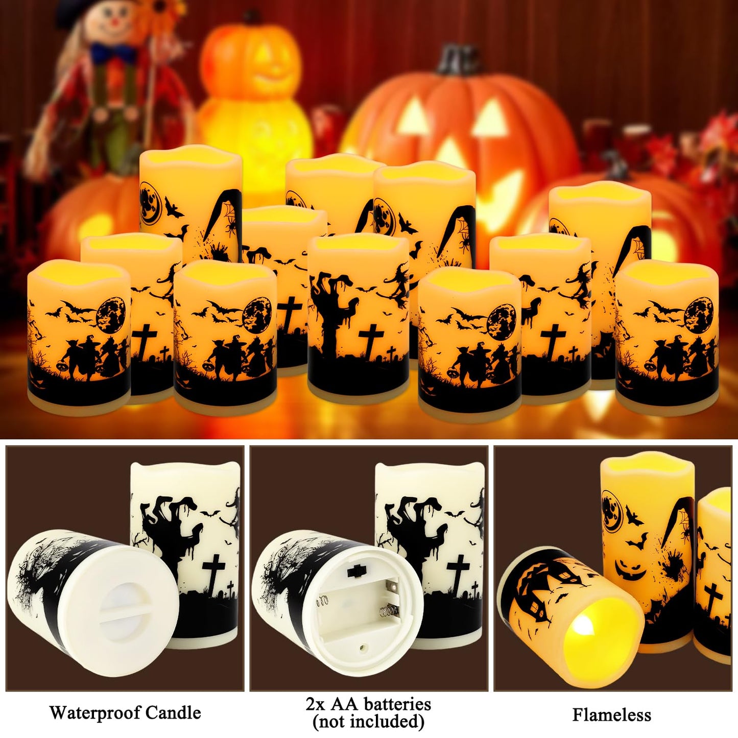 CLTNIKET 12-Pack Halloween Ink Painting Large Electronic Waxes with Remote Control, Flameless LED Candles for Halloween Spooky, Halloween Ambient Sense Artifacts.