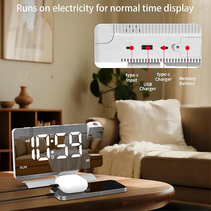 Lamisola Projection Alarm Clock for Bedroom Ceiling, White Digital Clock