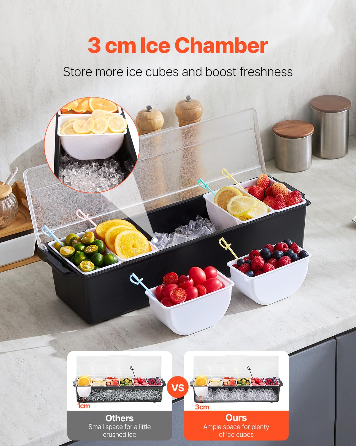VEVOR Chilled Condiment Server, 6 Compartment Ice Cooled Condiment Serving Container, Chilled Garnish Tray Bar Caddy with Lid, for Bartending & Serving Taco, Salad, Fruit, Home & Restaurant Supplies