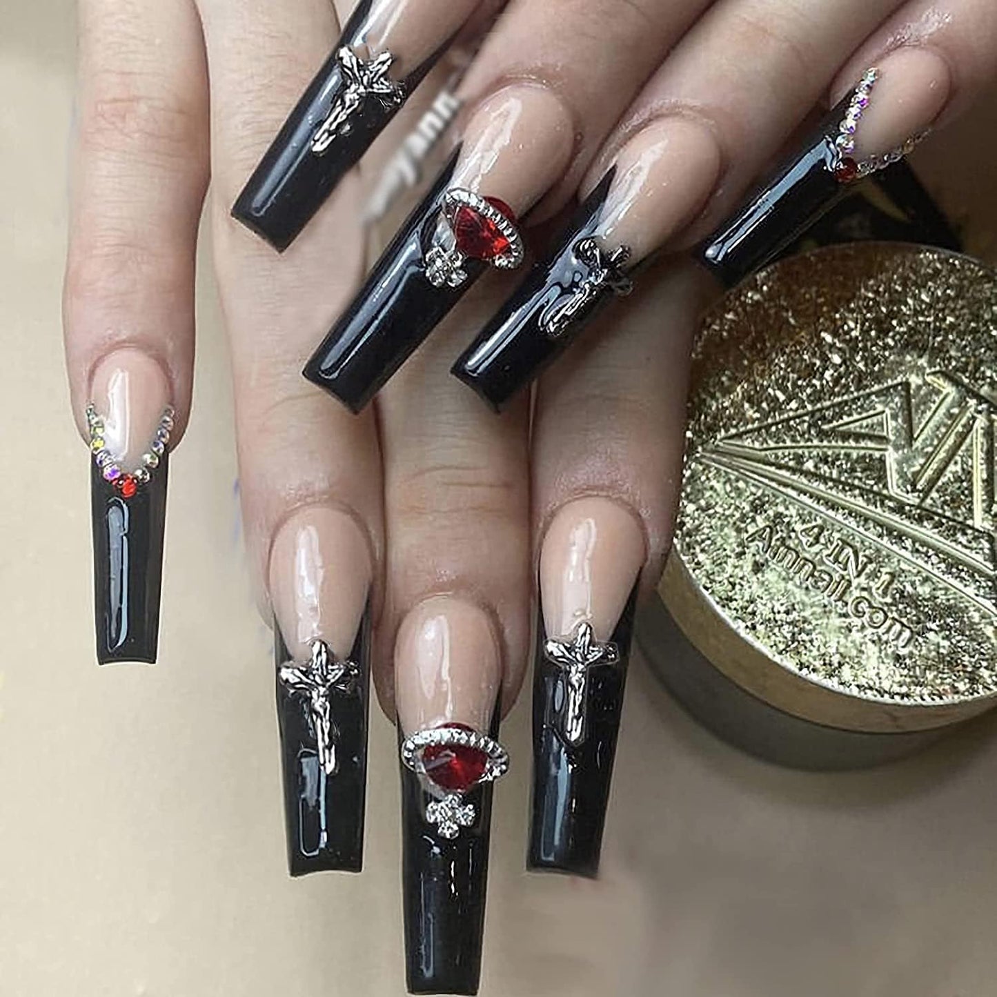 MISUD Press on Nails - Long Coffin Glue on Nails with Goth Black, Acrylic Gothic Cross Design 24 pcs