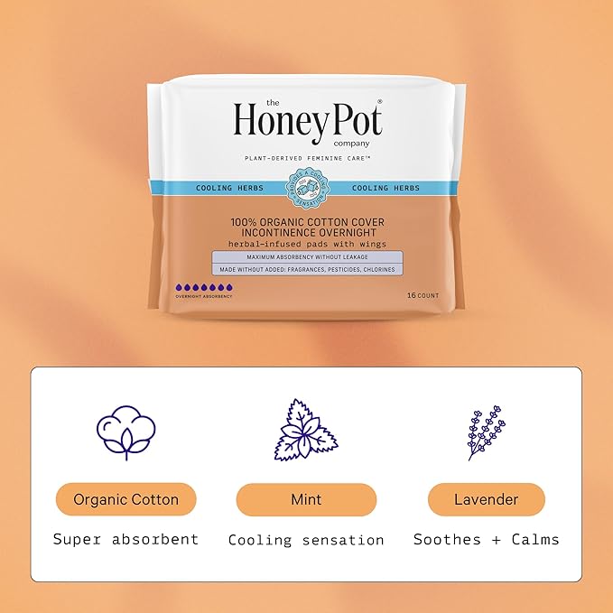 The Honey Pot Company - Herbal Pads for Women - Organic Incontinence Overnight w/Wings - Infused w/Essential Oils for Cooling Effect - Postpartum Essentials - Feminine Care - FSA & HSA - 16 ct