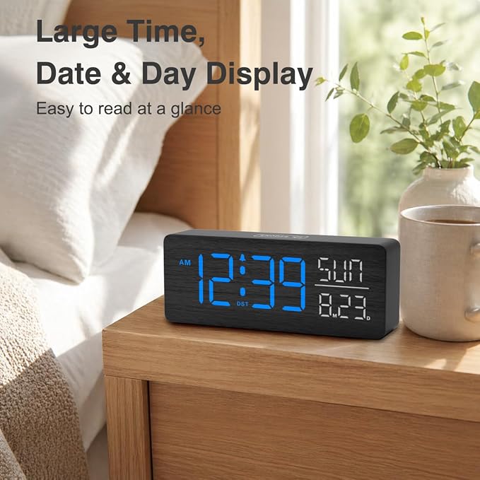 Peakeep Wooden Digital Alarm Clock Large Display, Textured Decoration