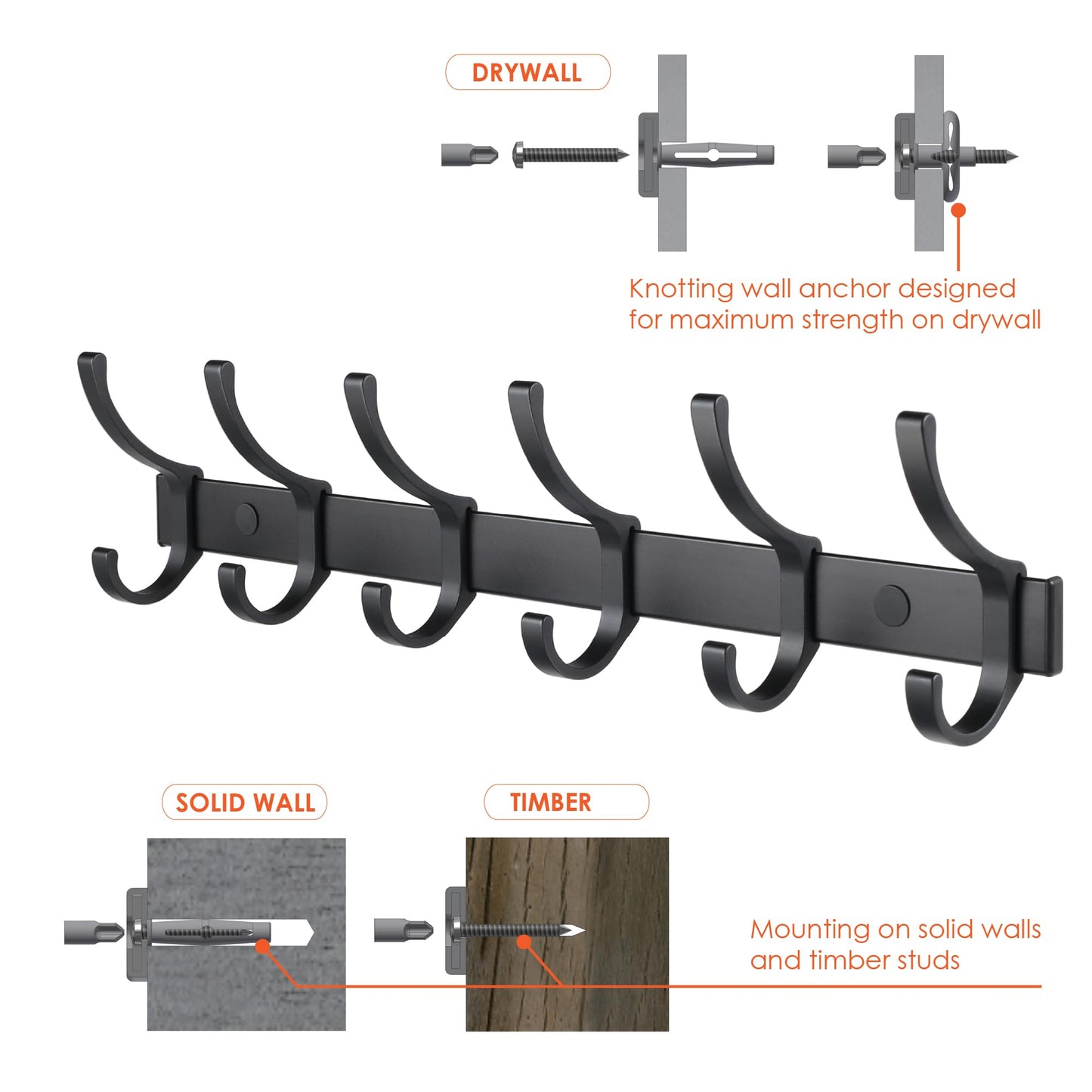 HOMENOVA Coat Rack 2 Pack Wall Mounted - 6 Double Hooks, Matte Black, Heavy Duty, Aeropace Grade Aluminum Alloy, Metal Coat Hook Hanger Entryway Bathroom (6 Double Hooks - 2 Pack)