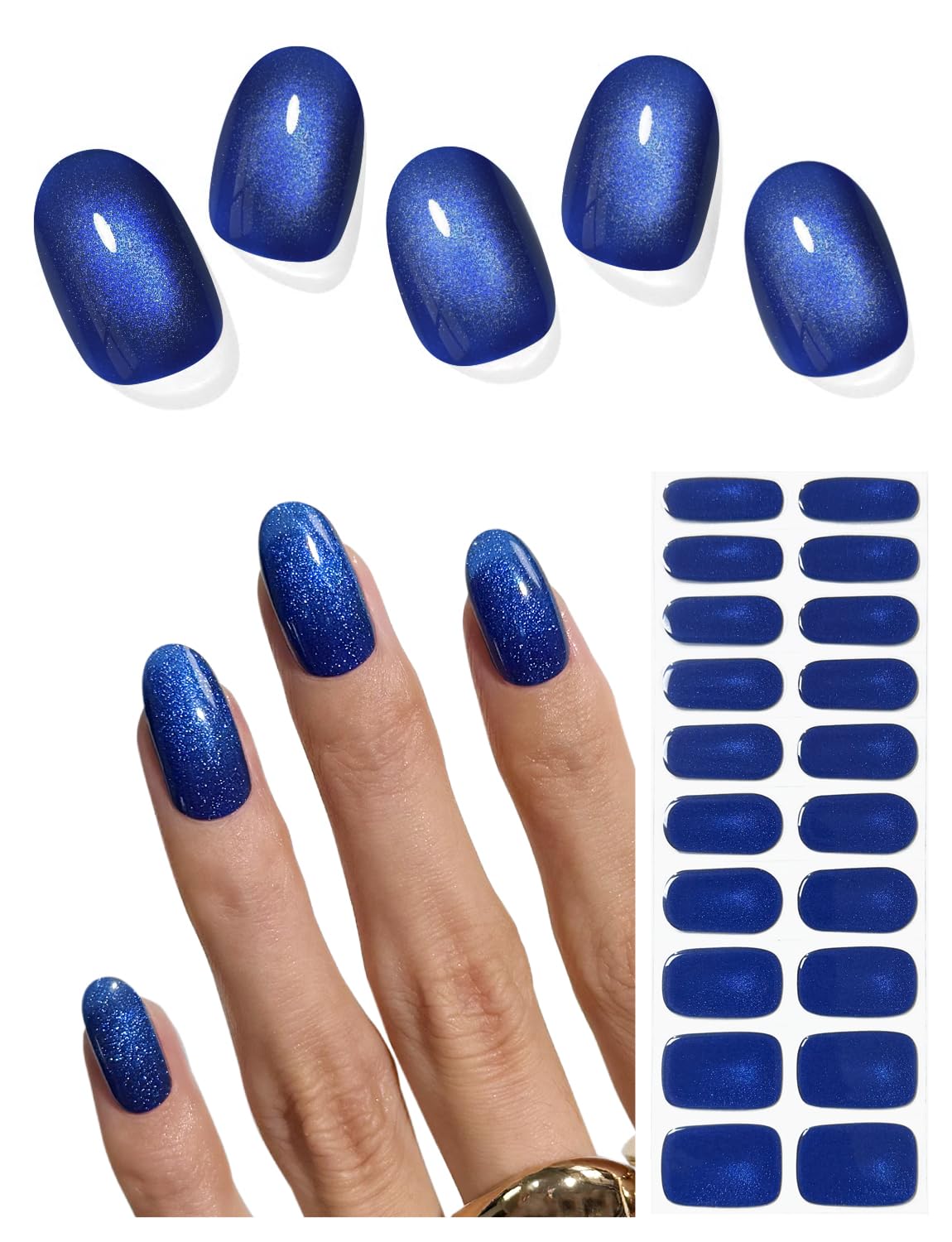 AutyaMee Semi Cured Gel Nail Strips (Blue Cat Eye N1), 20 Pcs Gel Nail Wraps, Stickers, Salon Quality, Works with Any UV Lamps
