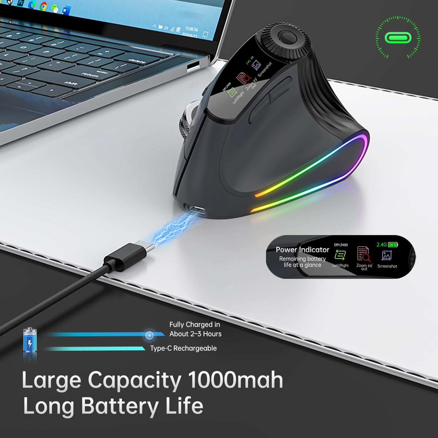 NYIEFADA Ergonomic Vertical Mouse Wireless, Rechargeable Bluetooth Ultra-Fast Scrolling 4800 DPI Ergo Mouse, 2.4G Quiet Clicks 6 Buttons RGB Optical Mice, 3 Multi-Device Connectivity for Mac, Laptop