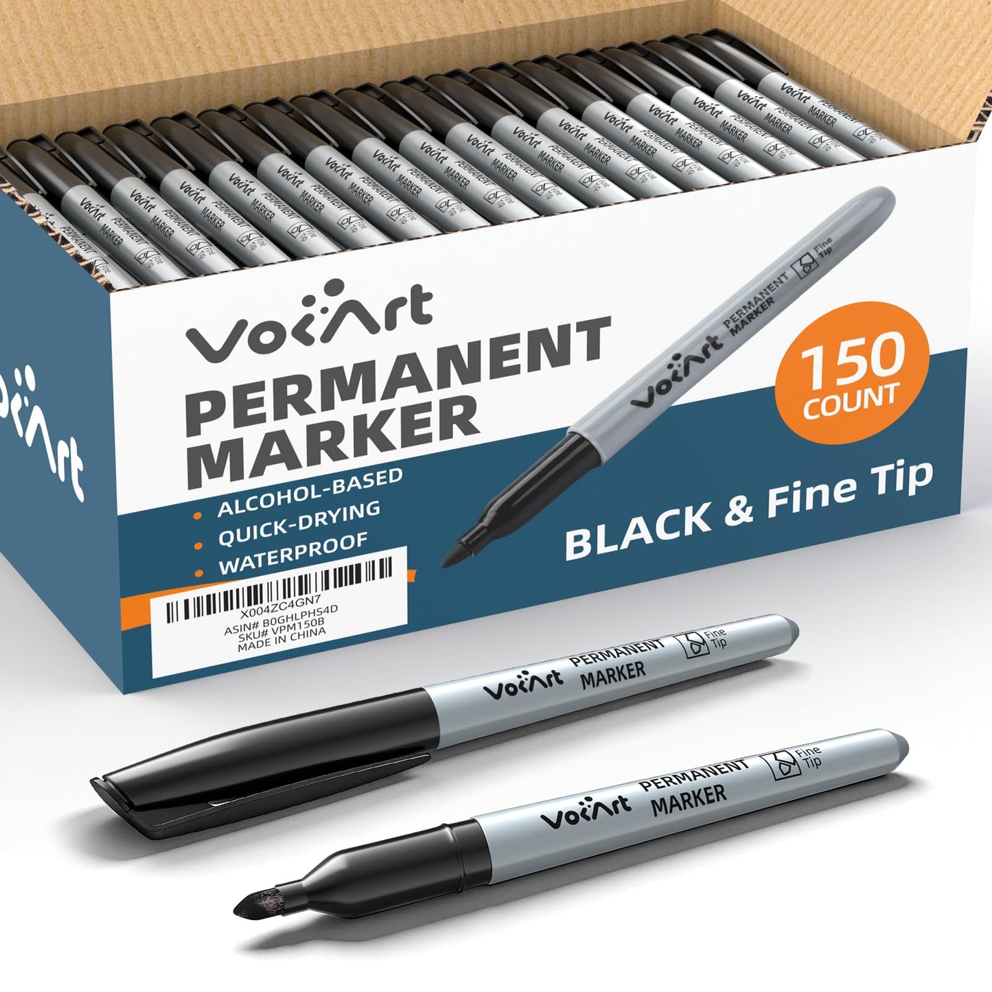 VOKART Permanent Markers Bulk, 150 Pack Black Permanent Markers, Thin Fine Point Tip for Office & Moving Supplies, Quick-Dry & Waterproof Ink Marker Pens for Moving Boxes, Labeling & Industrial Use