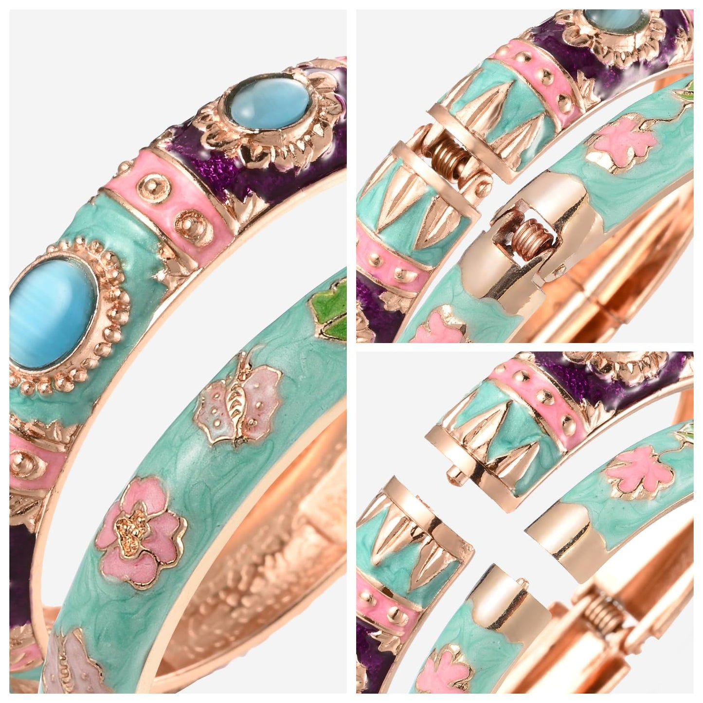 UJOY Vintage Cloisonne Jewelry Bracelet Plated Handmade Bead Rhinestones Enamel Spring Cuff Bangles 2 Pcs Set for Womens Gift 7735-55A67 Pink
