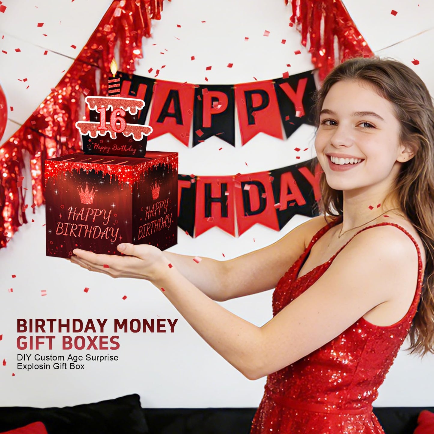 AOYOO Black Red Birthday Money Box for Cash Gift, Surprise Explosion Pop Up Gift Box with 0-9 Number Stickers for DIY Custom Age 18th 21st 30th 50th, Funny Cash Pull Party Supplies for Men Women