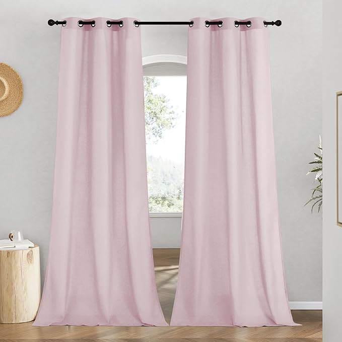 NICETOWN Blush Pink Linen Curtains for Kitchen, Thick Flax Small Window Treatments Semi Sheer Privacy Assured with Light Through for Cafe/Bathroom, W42 x L84, 2 Panels
