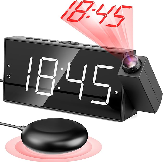 Mesqool Projection Alarm Clock with Loud Bed Shaker, Dual Alarms | 5-level Dimmer, USB charger, Snooze & DST, Loud Vibrating Alarm with Battery Backup, Perfect for Heavy Sleepers