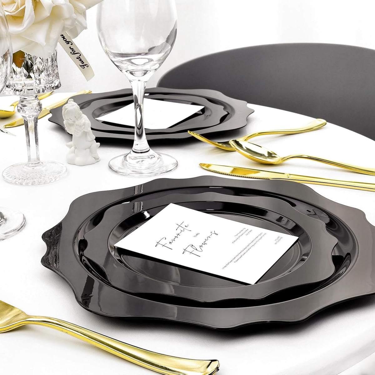 100 PCS Black Disposable Plates for 50 Guests, Scalloped Plastic Plates Include 50 Dinner Plates and 50 Dessert Plates for Party, Wedding, Graduation and Father's Day