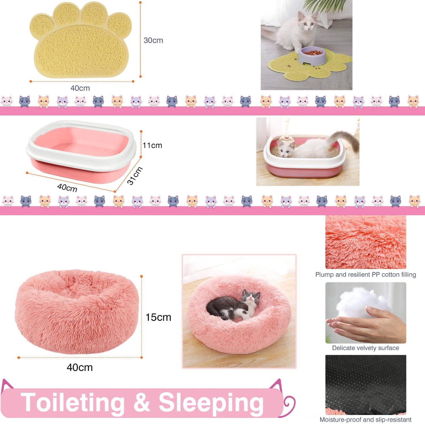 BERXOL 47PCS Kitten Essentials Starter Kit, Ideal for Cats Under 6 Months, Featuring 21-Piece Toy Set, Bed, Carrier, Litter Box, Bowls & More, for New Cat Owners - Pink