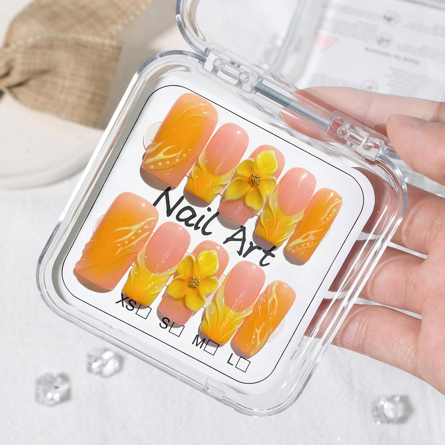 Vokupoga Square Press on Nails Handmade Medium French Tip Fake Nails with 3D Flower Designs Glossy False Nails for Women 10Pcs(Size M)