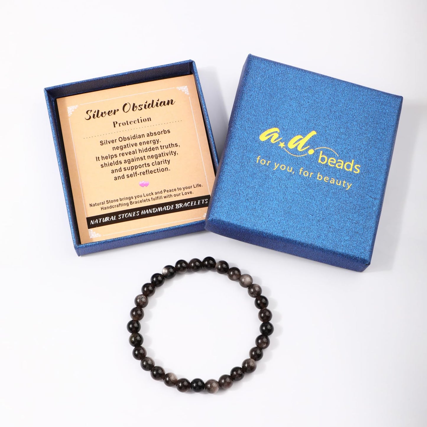 AD Beads 8mm Handmade Silver Obsidian Elastic Bracelet – Natural Gemstone for Protection – Meditation, Yoga, Healing and Energy Gift for Men Women